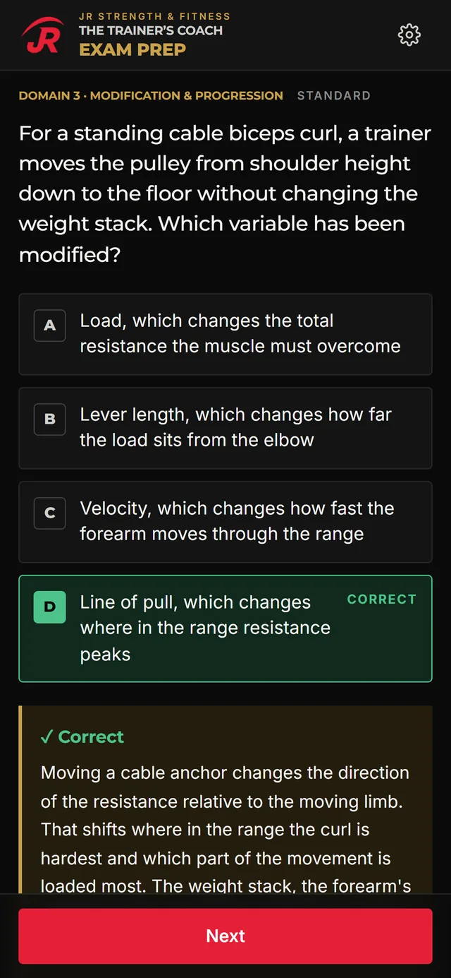 A practice question on a phone about moving a cable pulley for a biceps curl, with answer D, line of pull, marked correct and the explanation below it.
