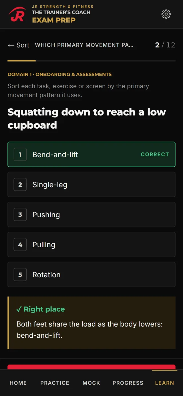 A sort activity on a phone where "squatting down to reach a low cupboard" is placed under Bend-and-lift, one of five primary movement patterns, and marked as the right place, with the reason shown.