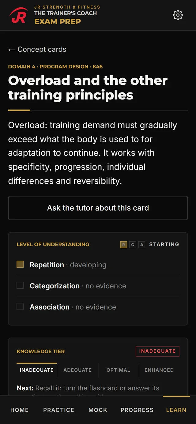 A concept card on a phone for "Overload and the other training principles", with its summary, an Ask the tutor button and the learner's level of understanding.