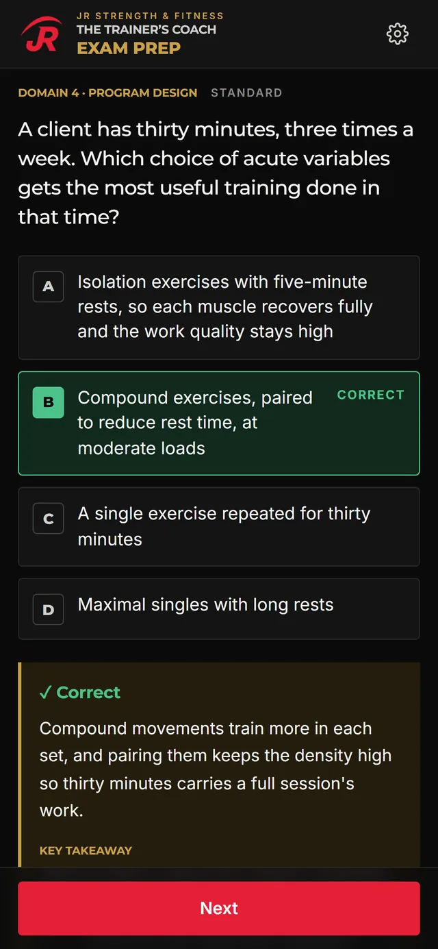 A practice question on a phone about using a 30-minute session well, with answer B marked correct and the explanation below it.