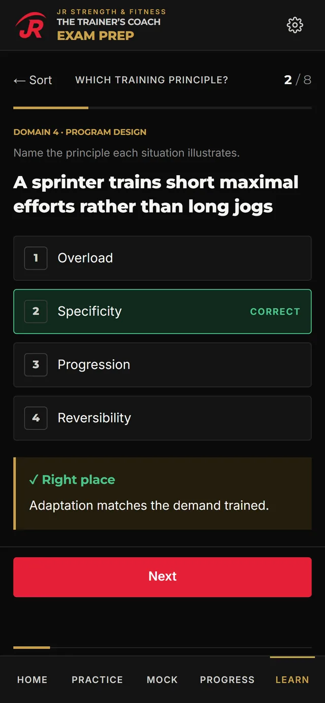 A sort activity on a phone where "a sprinter trains short maximal efforts" is placed under Specificity and marked as the right place, with the reason shown.